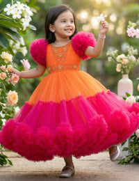 Orange Rani Pink Heavy Handwork Flared Ruffles Birthday Gown for Baby Girl – Stanwells Kids