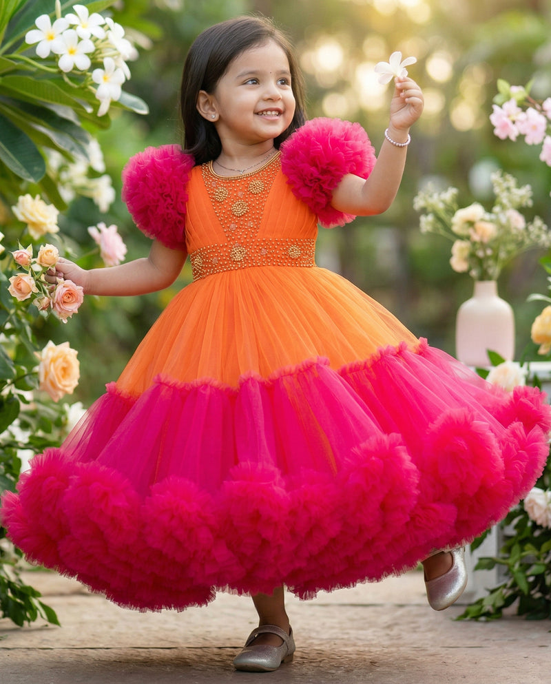 Orange & Rani Pink Combo Heavy Handwork Partywear Flared Ruffles Full Gown