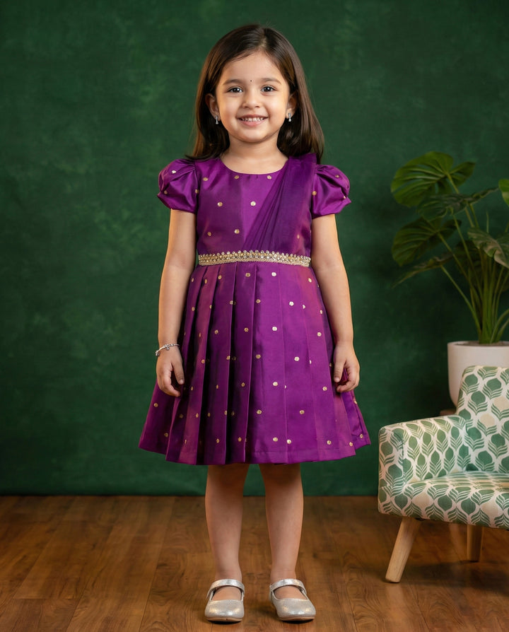 Violet silk butti frock, ethnic party wear, baby girl birthday dress, festive kids frock, violet shade girls frock