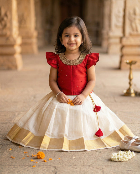 Cream maroon cotton silk lehenga choli front view – Stanwells Kids