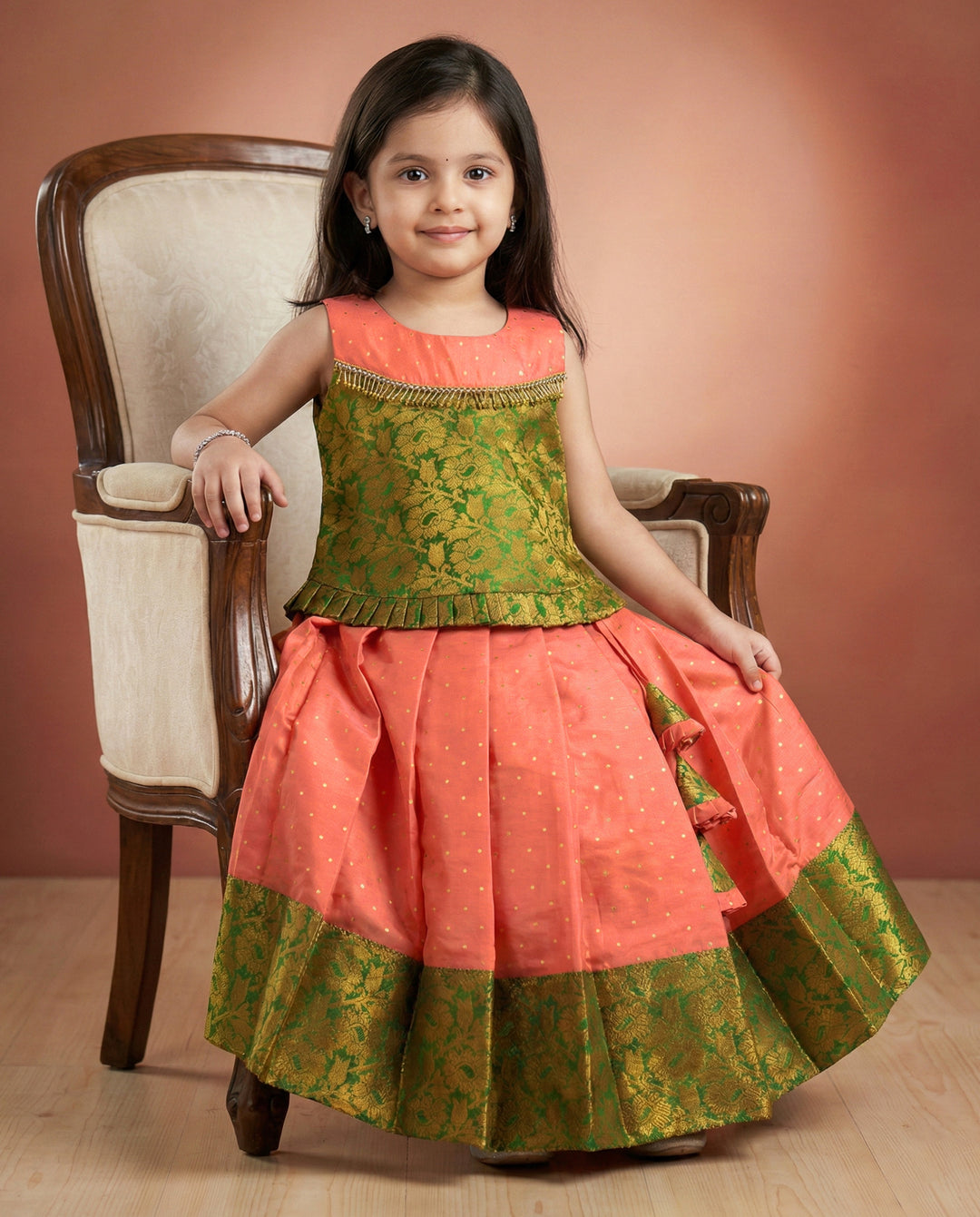 Coral peach brocade silk lehenga choli side view – Stanwells Kids