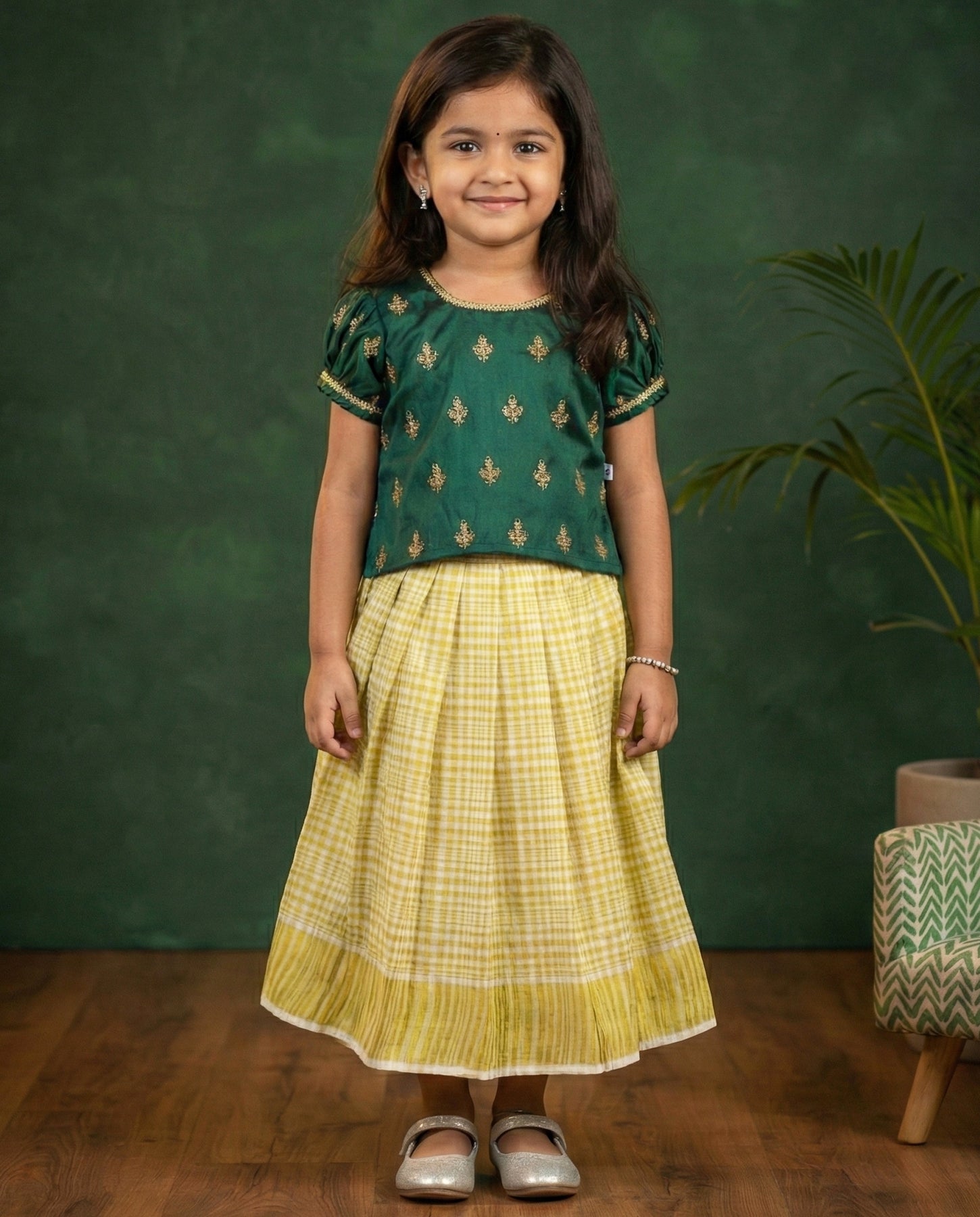 Bottle Green & Cream Kasavu Lehenga | Baby Girls Birthday Dress