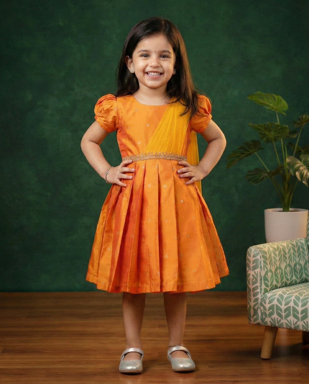 Mango Yellow Silk Butti Traditional Frock Baby Girl