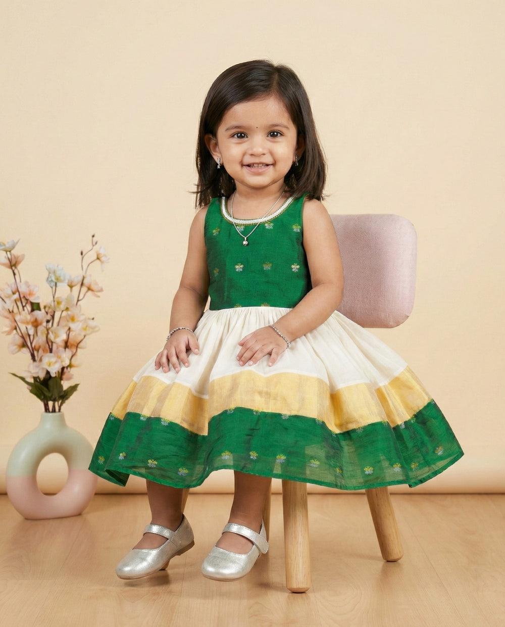 Baby Girl Birthday Dress - Cream & Green Kerala Kasavu Handloom Frock