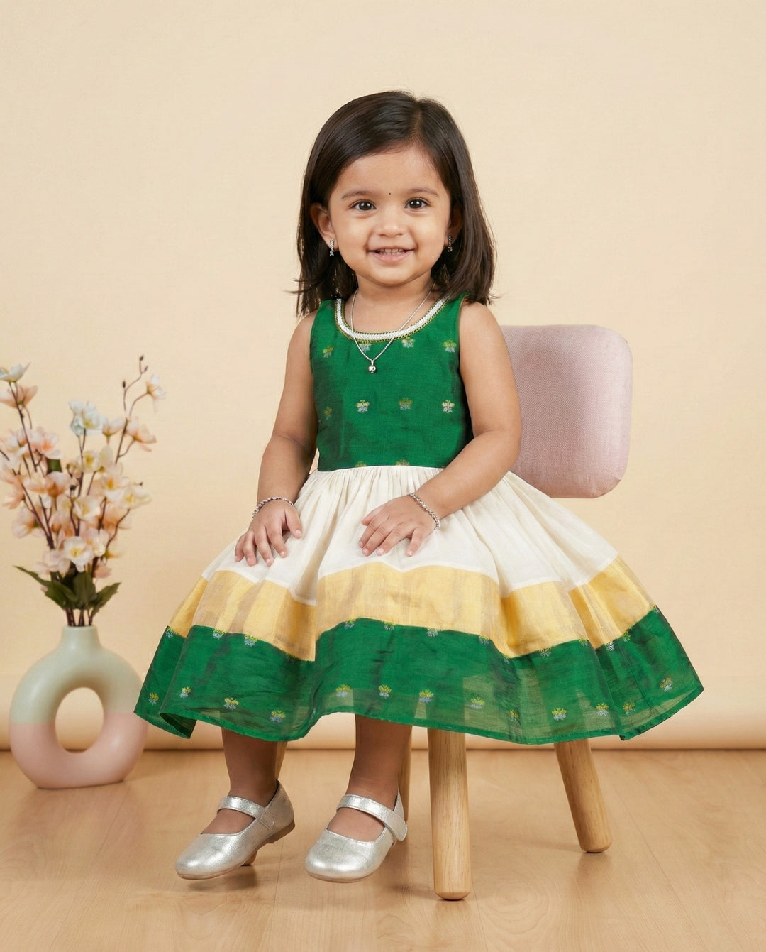 Cream green kasavu handloom frock front view – Stanwells Kids
