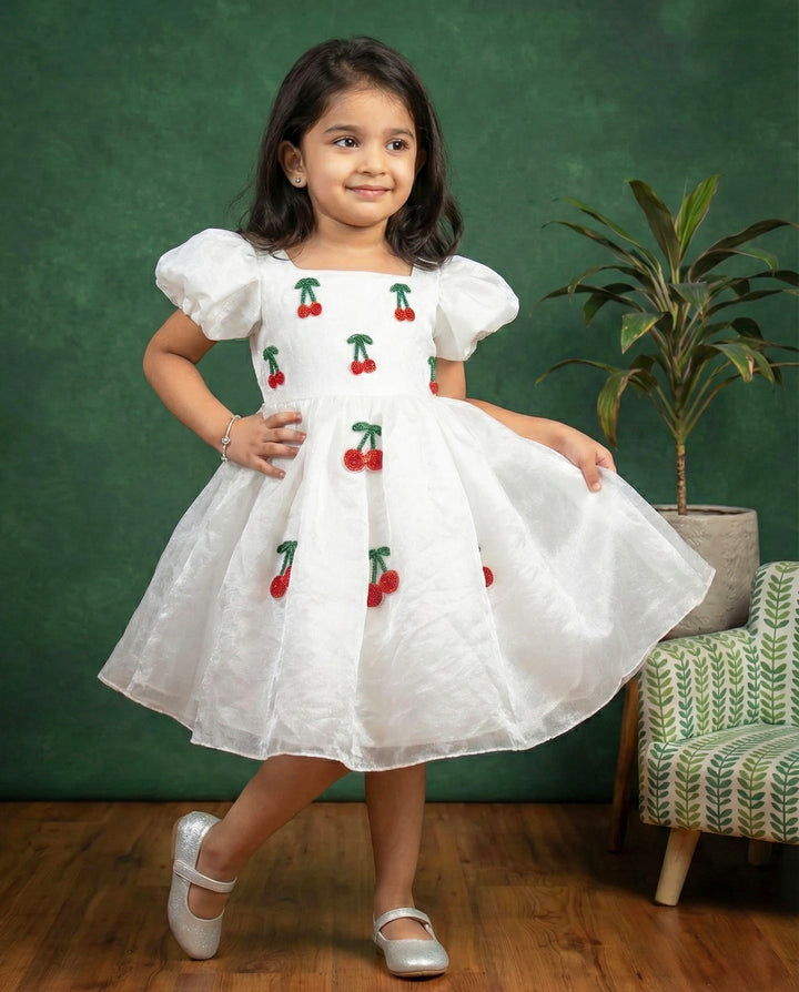 White organza cherry embroidered baby girls birthday dress, elegant partywear frock for kids, premium designer dress, Stanwells Kids