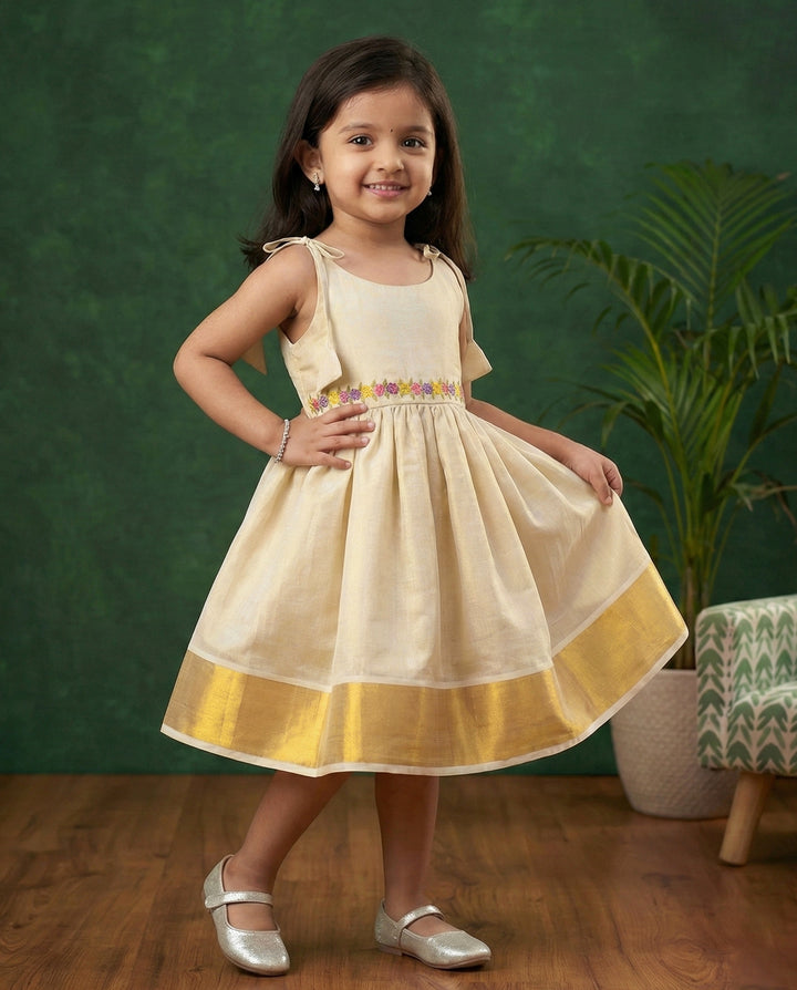 baby girl birthday dress, Kerala handloom frock, embroidered frock for baby girl, golden birthday dress, special occasion dress