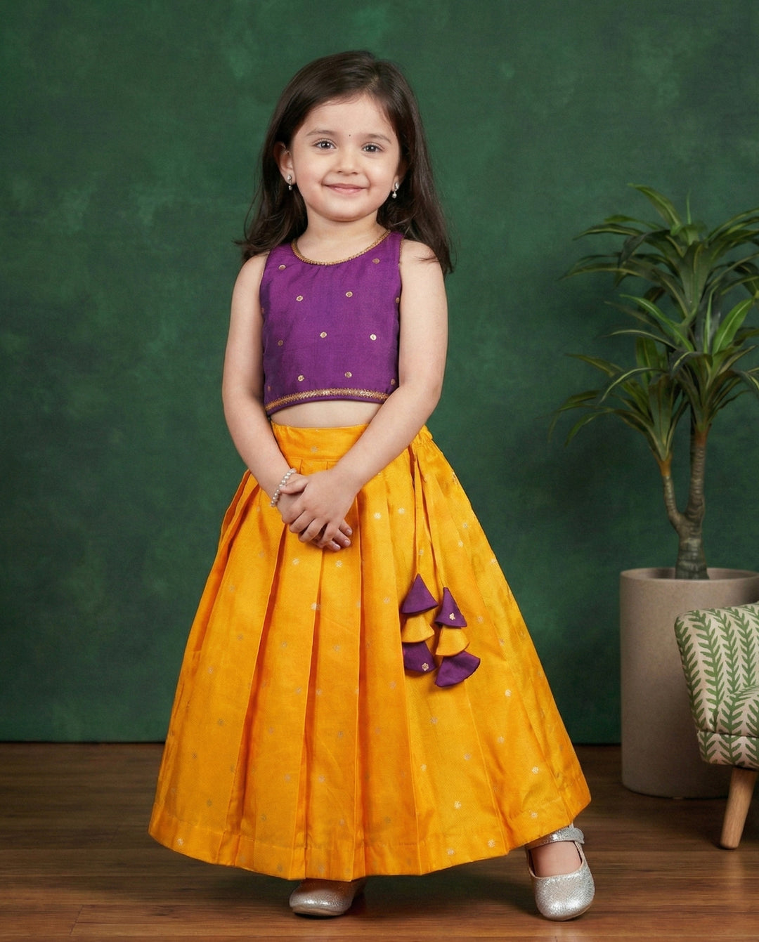 Violet mango yellow silk lehenga choli for baby girls, festive ethnic wear, birthday dress for girls, traditional kids outfit