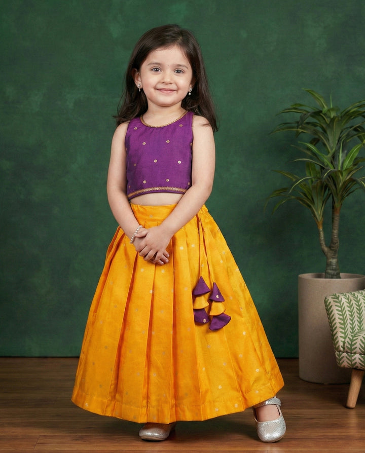 Violet mango yellow silk lehenga choli for baby girls, festive ethnic wear, birthday dress for girls, traditional kids outfit