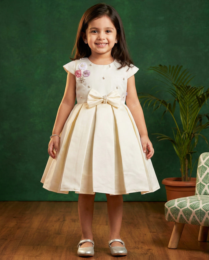 Cream shade silky satin baby girl birthday dress, western style frock, kids party wear dress, box pleated birthday outfit for girls