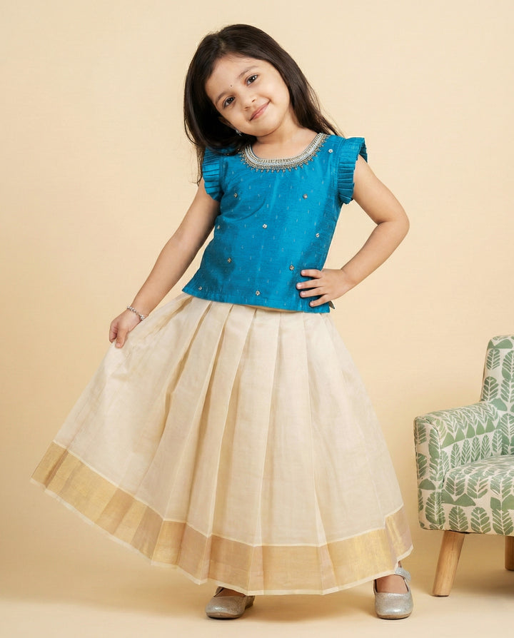 Baby girl birthday dress sky blue silk with copper gold detailing