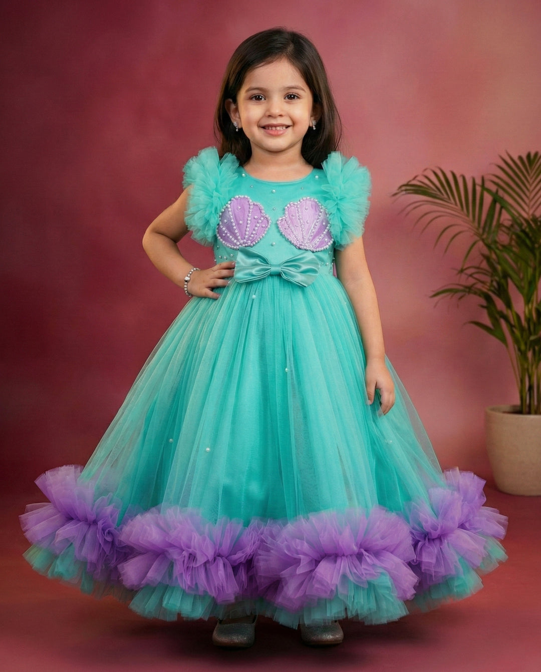Sea green lilac combo baby girl birthday dress, sea shell theme gown, ruffles party wear frock, kids birthday outfit for girls