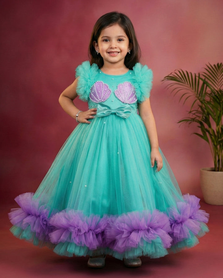 Sea green lilac combo baby girl birthday dress, sea shell theme gown, ruffles party wear frock, kids birthday outfit for girls