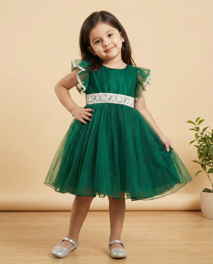 Bottle green baby girl birthday dress, party wear frock, toddler dress