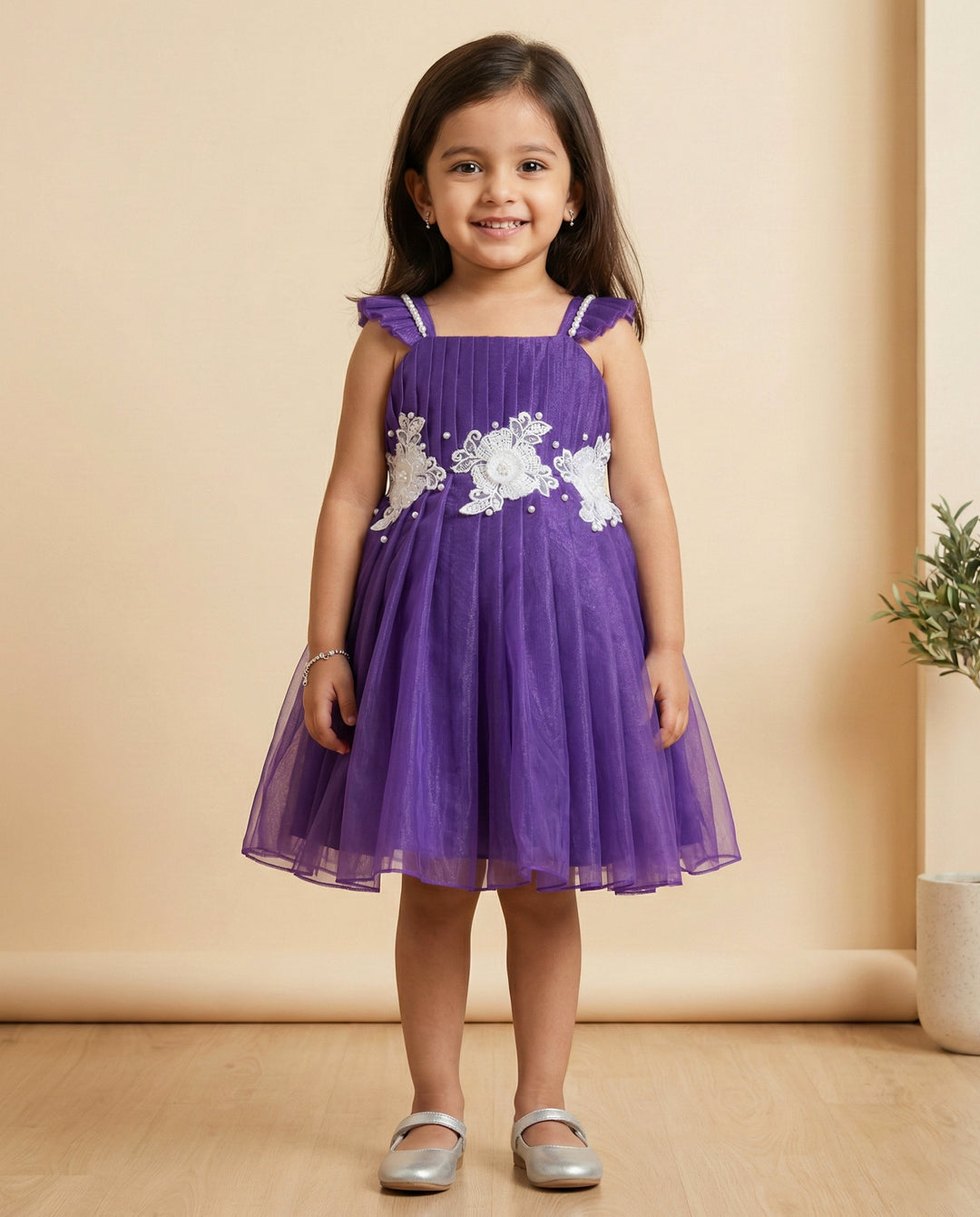 pastel violet birthday frock for baby girls, shimmer net flower applique dress, baby girl party wear, toddler birthday dress India, Stanwells Kids