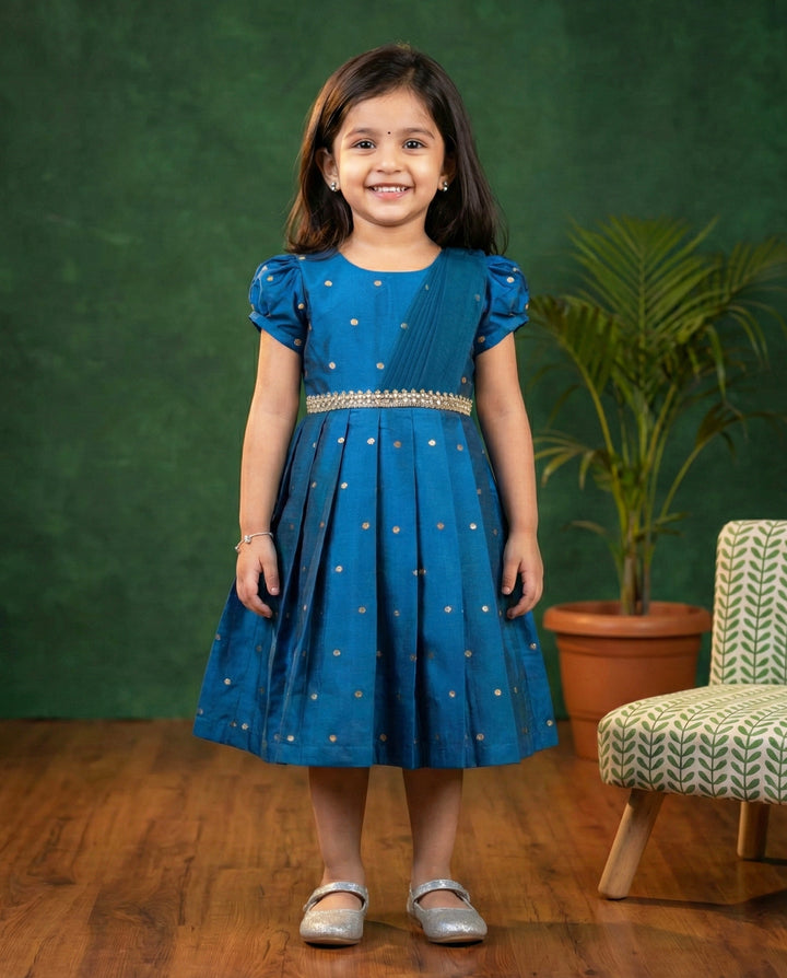 Teal blue silk frock, baby girls birthday dress, ethnic party wear, festive frock, butti design frock