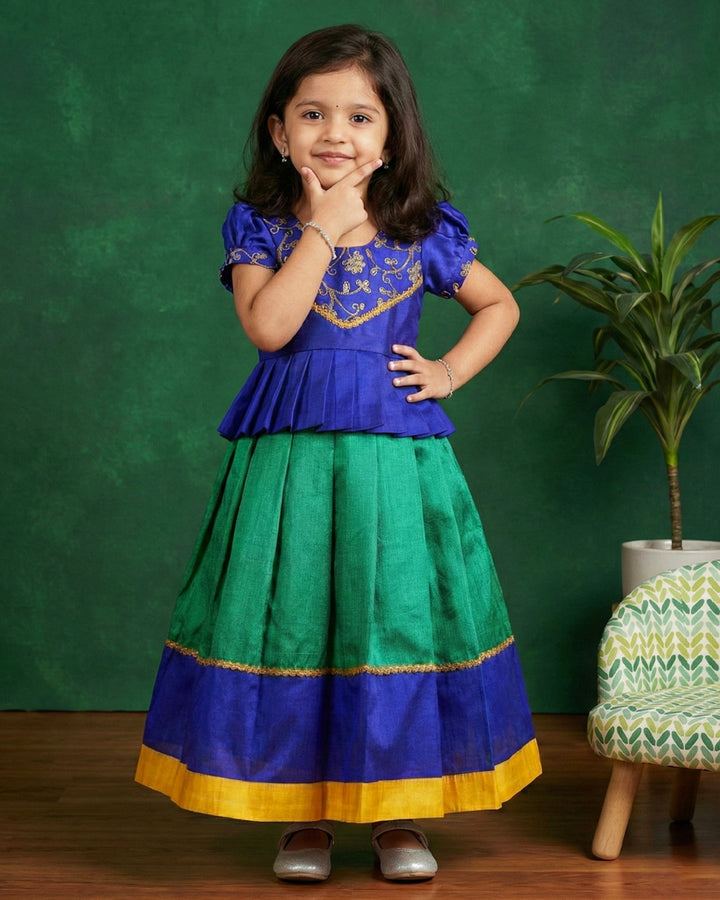 Rama green royal blue South Indian lehenga choli set for baby girls, birthday dress, ethnic wear for kids, sequins embroidery lehenga, Stanwells Kids collection