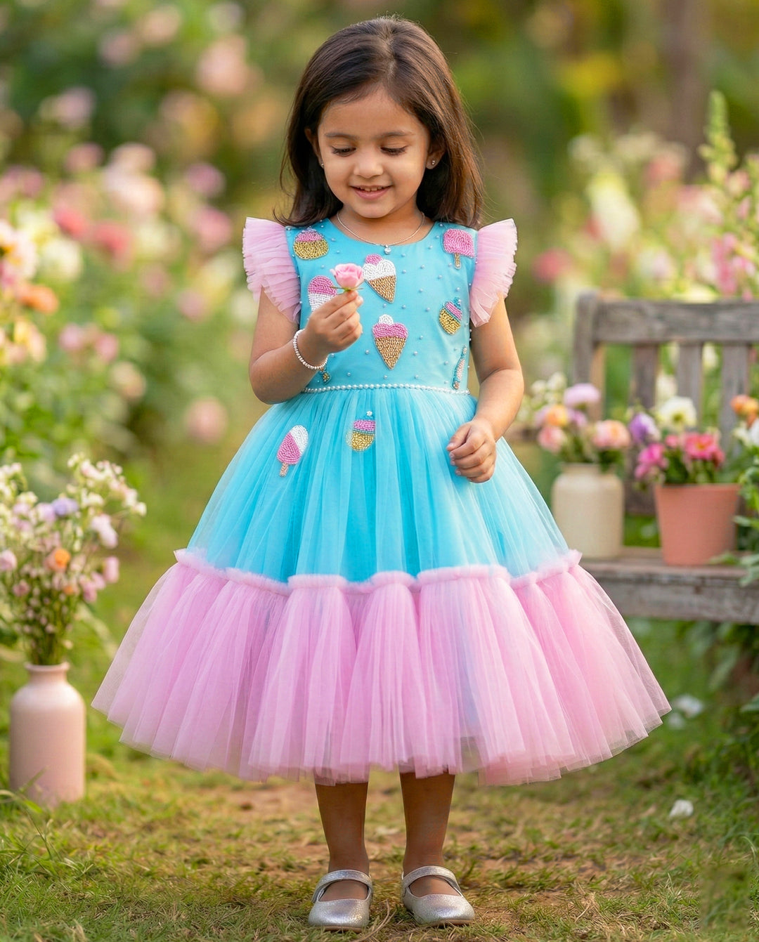 Sky Blue &amp; Baby Pink Candy Theme Birthday Frock – Handwork Appliqué Party Dress for Baby Girls by Stanwells Kids