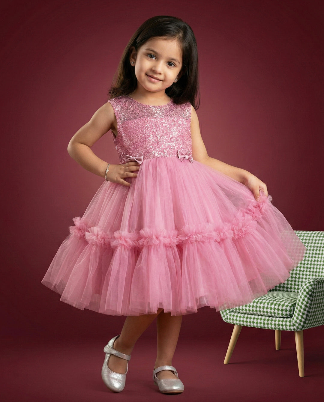 Light Peach Shade Embroidery Party wear Ruffles Birthday frock