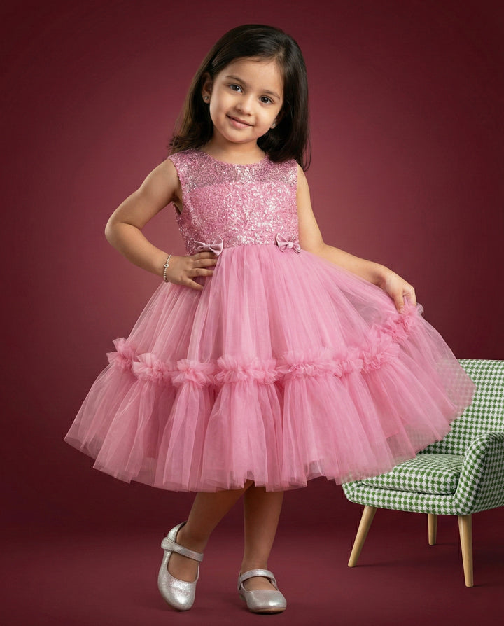 Light Peach Shade Embroidery Party wear Ruffles Birthday frock