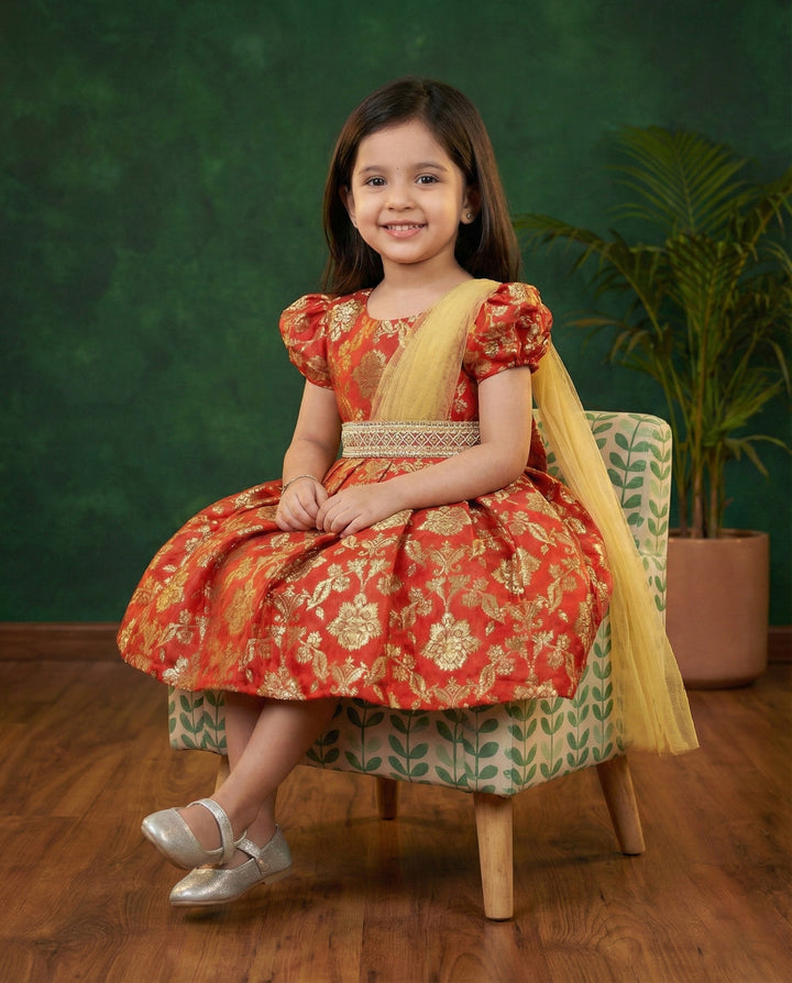 Red Banarasi Jacquard Handwork Silk Saree Frock for Baby Girl – Stanwells Kids