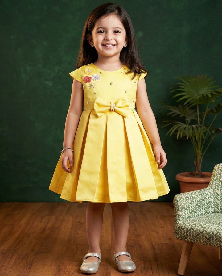 Baby yellow silky satin baby girl birthday dress, western style frock, box pleated birthday dress, kids party wear outfit for girls