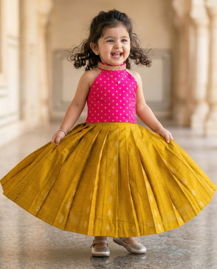 Magenta mustard yellow lehenga choli baby girls birthday dress halter neck festive outfit kids ethnic wear partywear traditional dress