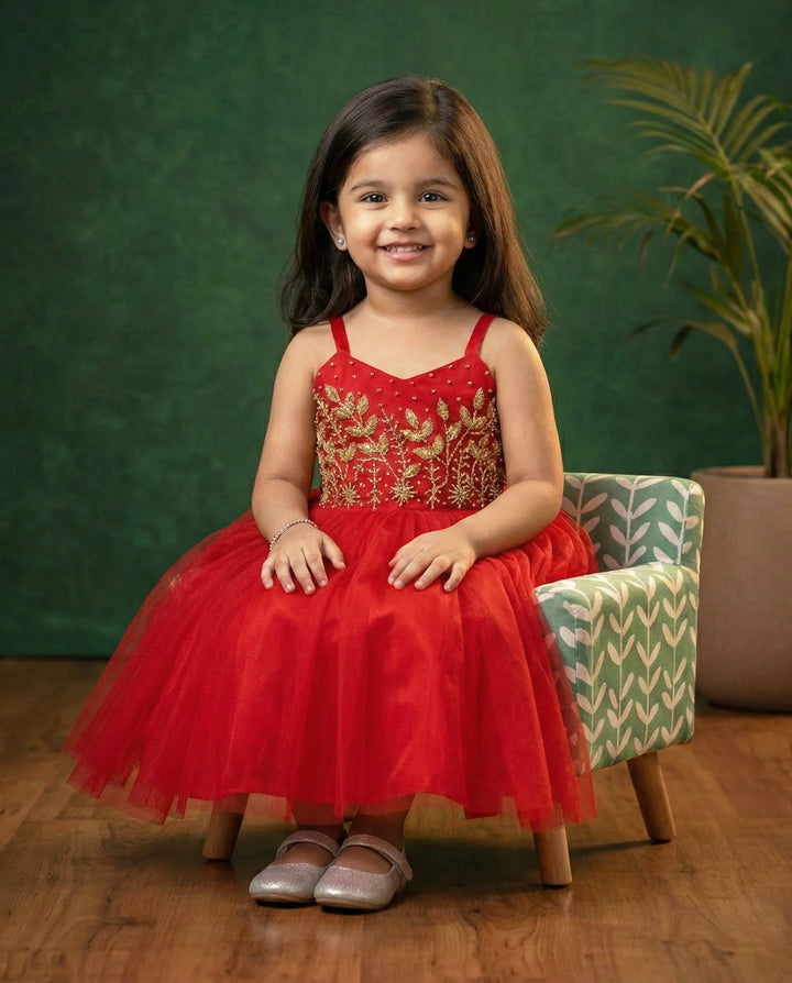 Red heavy handwork frock for baby girls, partywear birthday dress, wedding dress for girls, Stanwells Kids