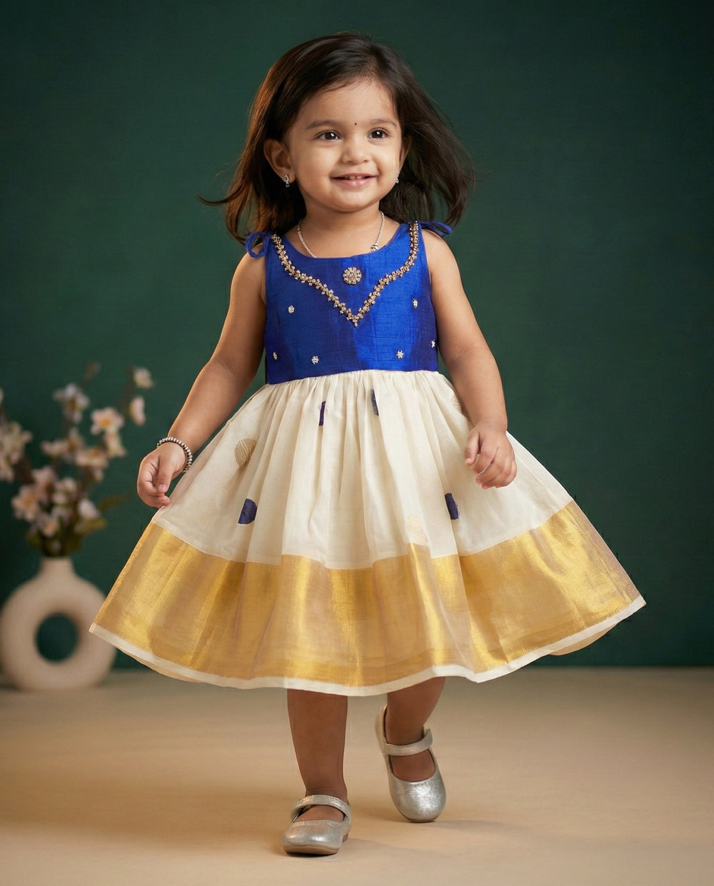 Royal Blue and Cream Kerala Handloom Baby Girl Birthday Dress with Embroidery

