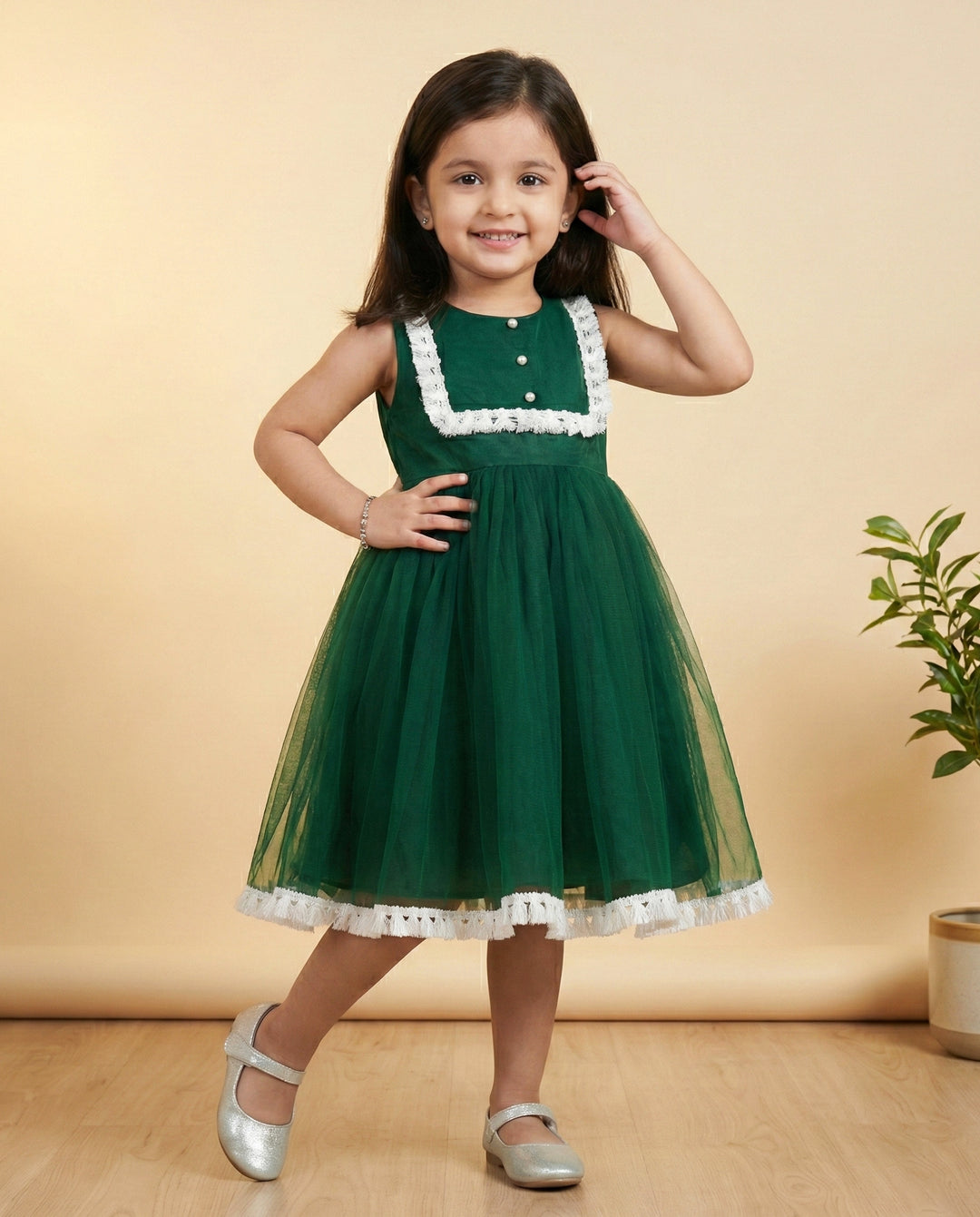 Bottle green lace frock side view – toddler partywear dress