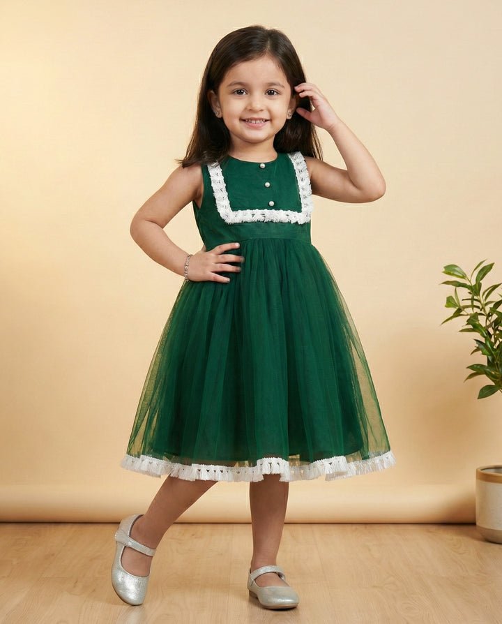 Bottle green lace frock side view – toddler partywear dress