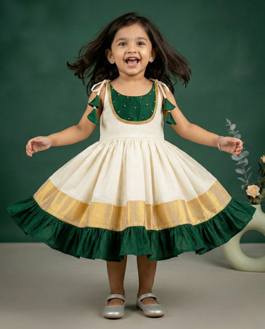 Cream green kettuduppu frock front view – Stanwells Kids