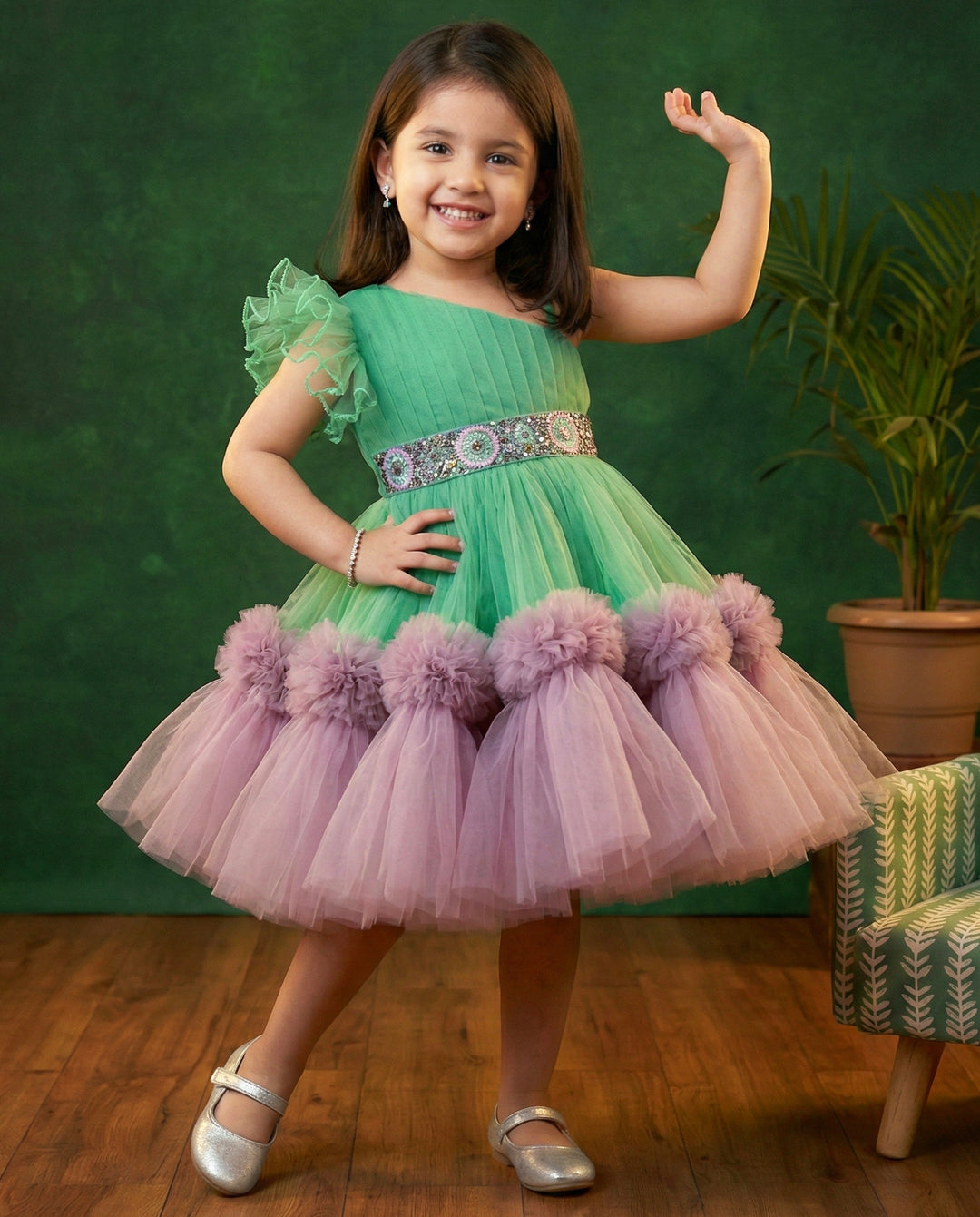 Spring green pastel pink baby girl birthday dress, handwork ruffles frock, pleated party wear dress for kids