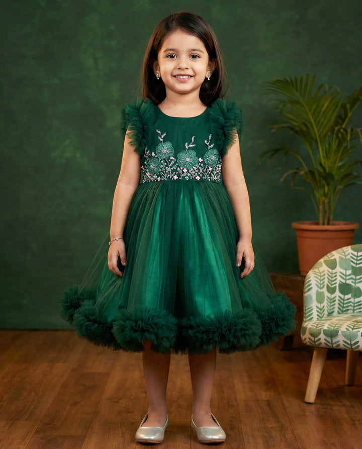 Bottle Green Handcrafted Gown – Heavy Work Partywear Birthday Dress for Baby Girls by Stanwells Kids