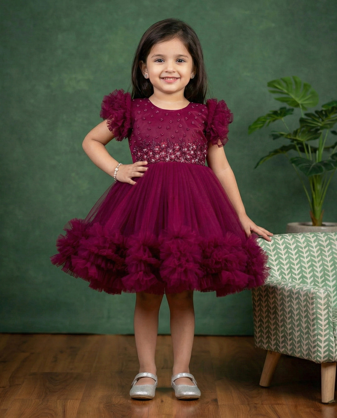 Grapevine Shade Baby Girls Birthday Dress, Heavy Handwork Party Wear Frock, Elegant Kids Outfit