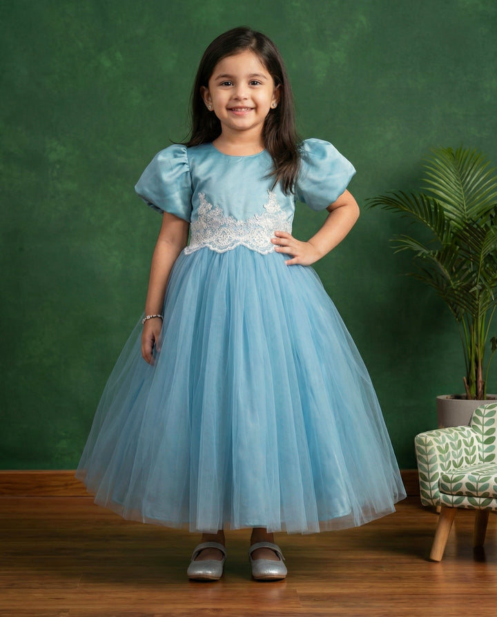 Pearl blue applique handwork Cinderella gown, baby girls birthday dress, premium kids party wear, designer gown for baby girl, Stanwells Kids dress