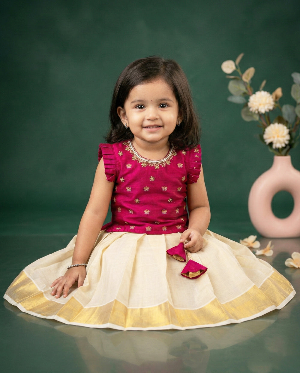 Baby girls sandal and magenta silk lehenga – Kerala Kasavu birthday dress

