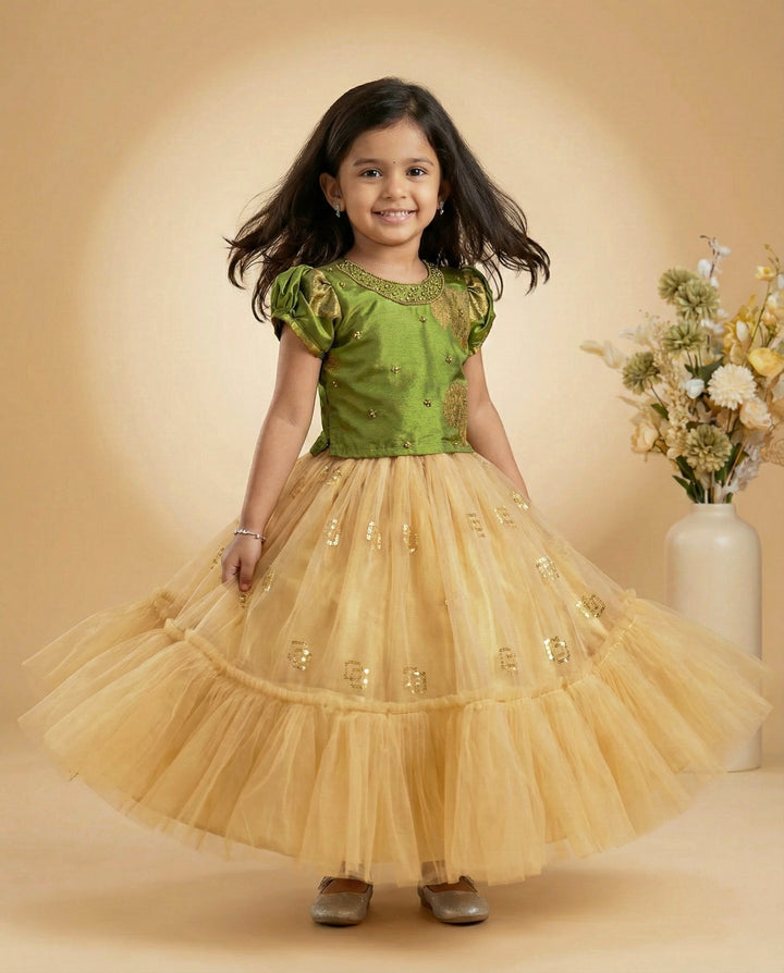 Olive green baby girl lehenga, birthday dress for baby girls, silk lehenga choli, kids ethnic wear, traditional baby outfit, toddler festive dress.