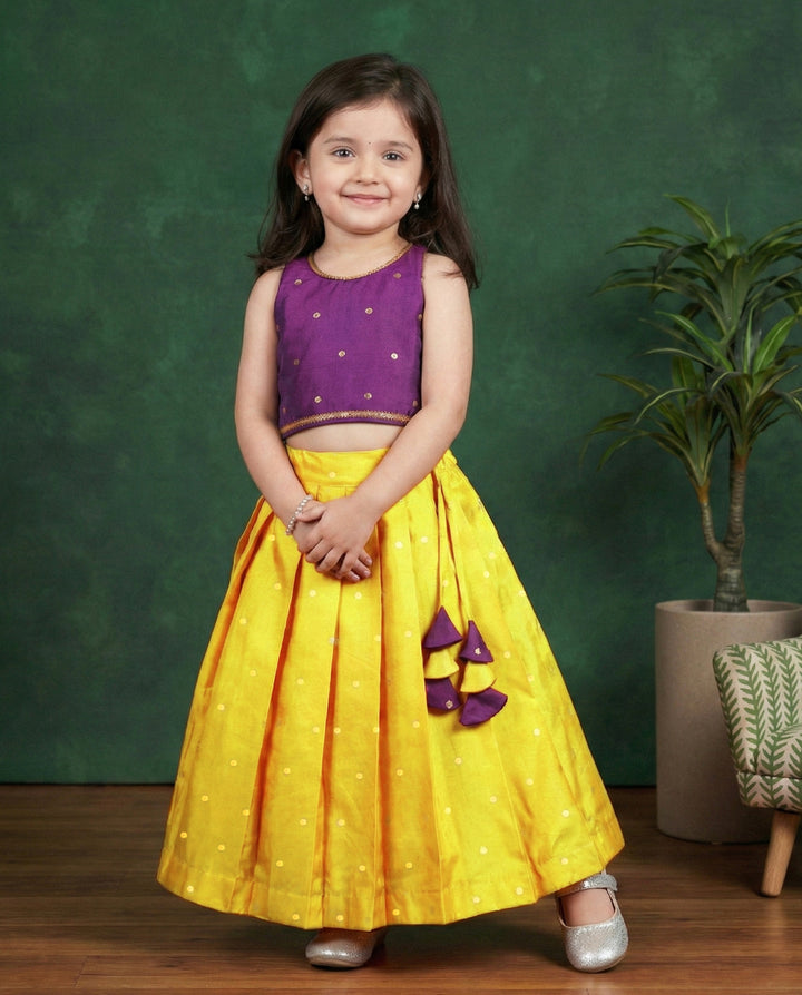 Violet mango yellow silk lehenga choli for baby girls, festive ethnic wear, birthday dress for girls, traditional kids outfit