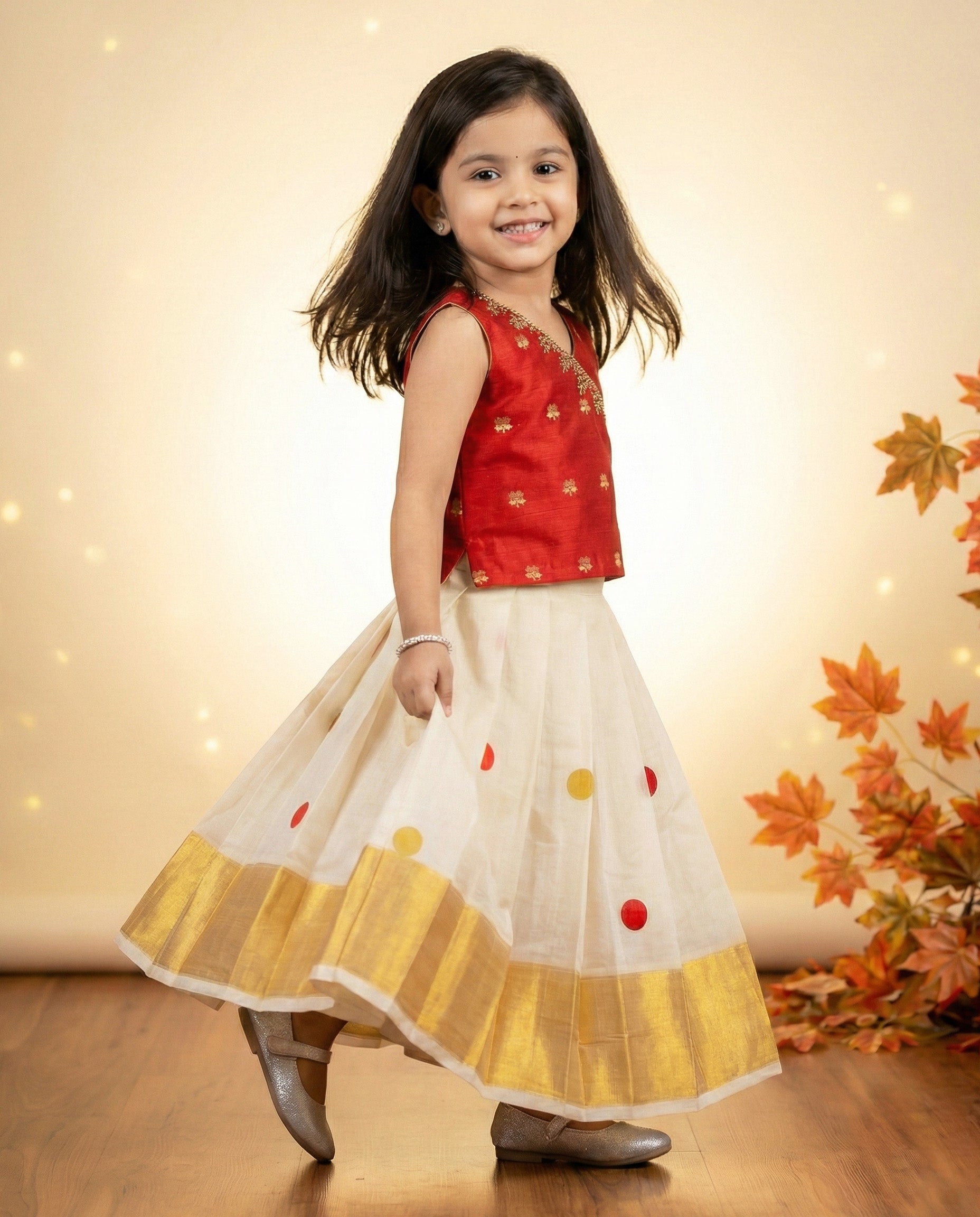 Cream Maroon Kasavu Lehenga – Kerala Handwork Outfit – Stanwells Kids