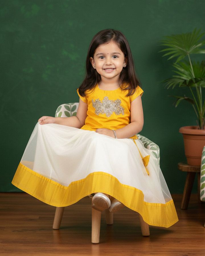 Cream and yellow Kerala combo dress for baby girls, traditional birthday frock, ethnic wear for kids, Kerala frock, Stanwells Kids ethnic collection