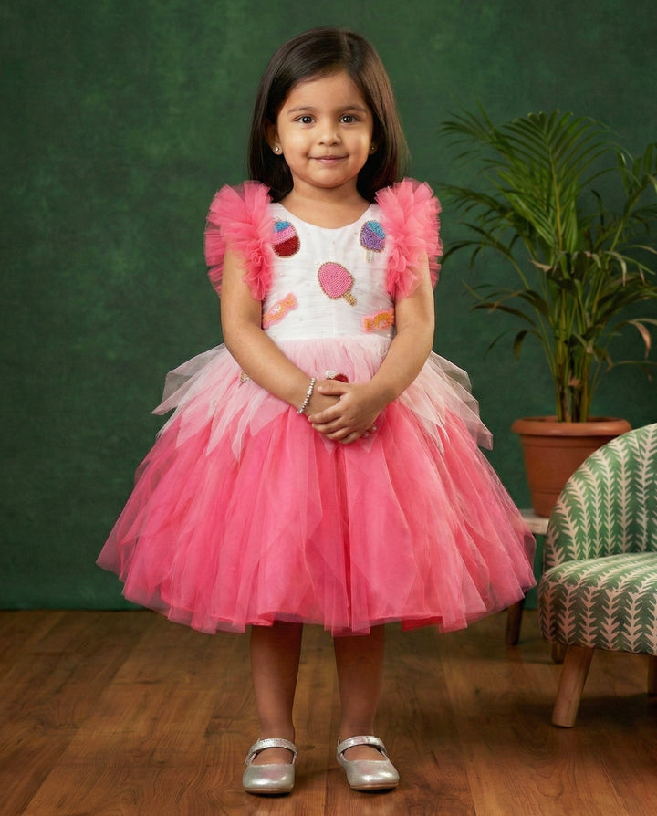 Peach and White Candy Popsicle Theme Frock – Handworked Applique Birthday Dress for Baby Girls by Stanwells Kids