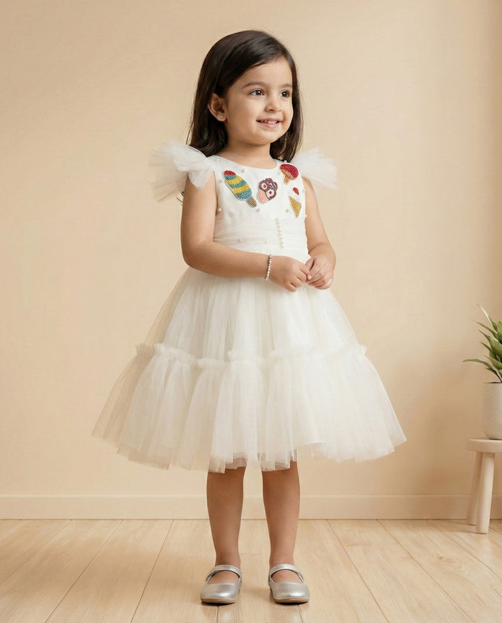 Off white candy theme frock for baby girls, premium birthday dress, partywear dress, Stanwells Kids