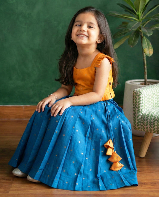 Teal Blue & Mango Yellow Silk Butti Lehenga Choli – Traditional Festive Wear – photo 2 – Stanwells Kids