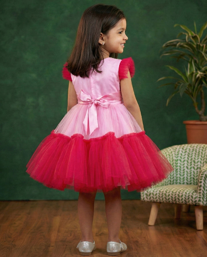 Baby pink rani pink flower frock side view – Stanwells Kids