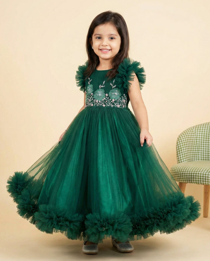 Bottle green handwork gown side view – Stanwells Kids