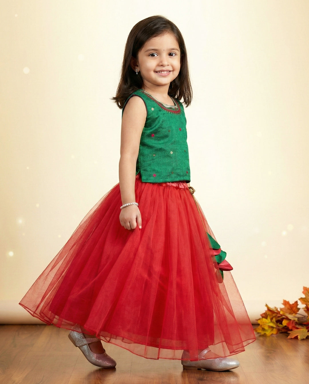 Rama green and Rany pink ethnic skirt and top, handwork birthday dress for baby girls