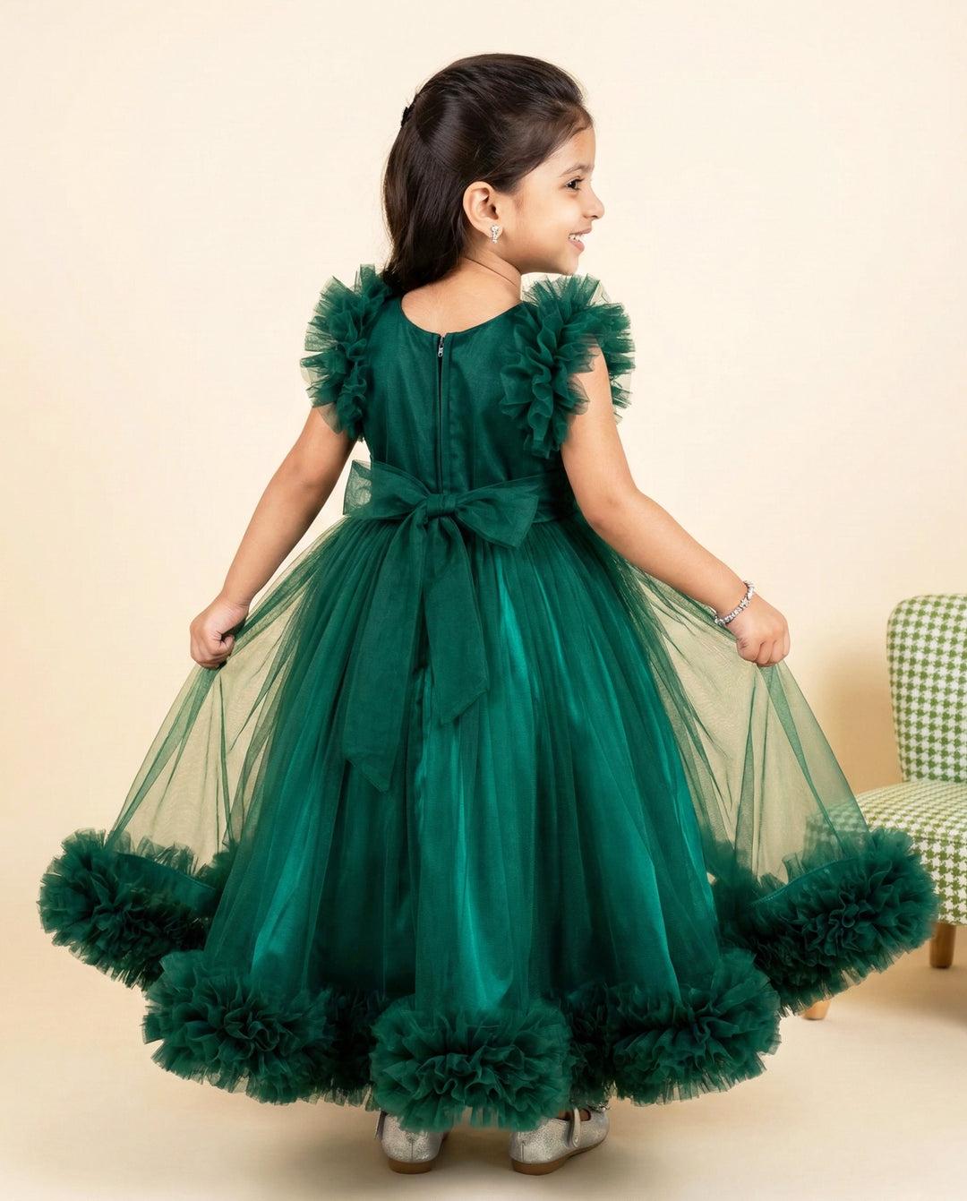 Bottle green heavy gown back view – Stanwells Kids