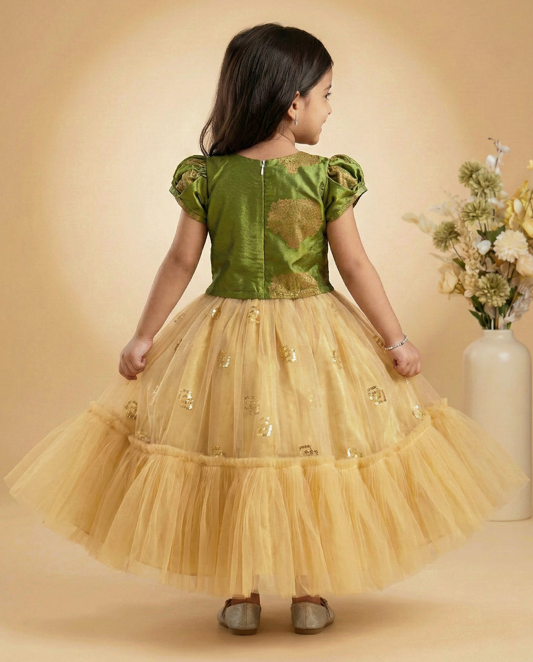 Olive green baby girl lehenga, birthday dress for baby girls, silk lehenga choli, kids ethnic wear, traditional baby outfit, toddler festive dress.