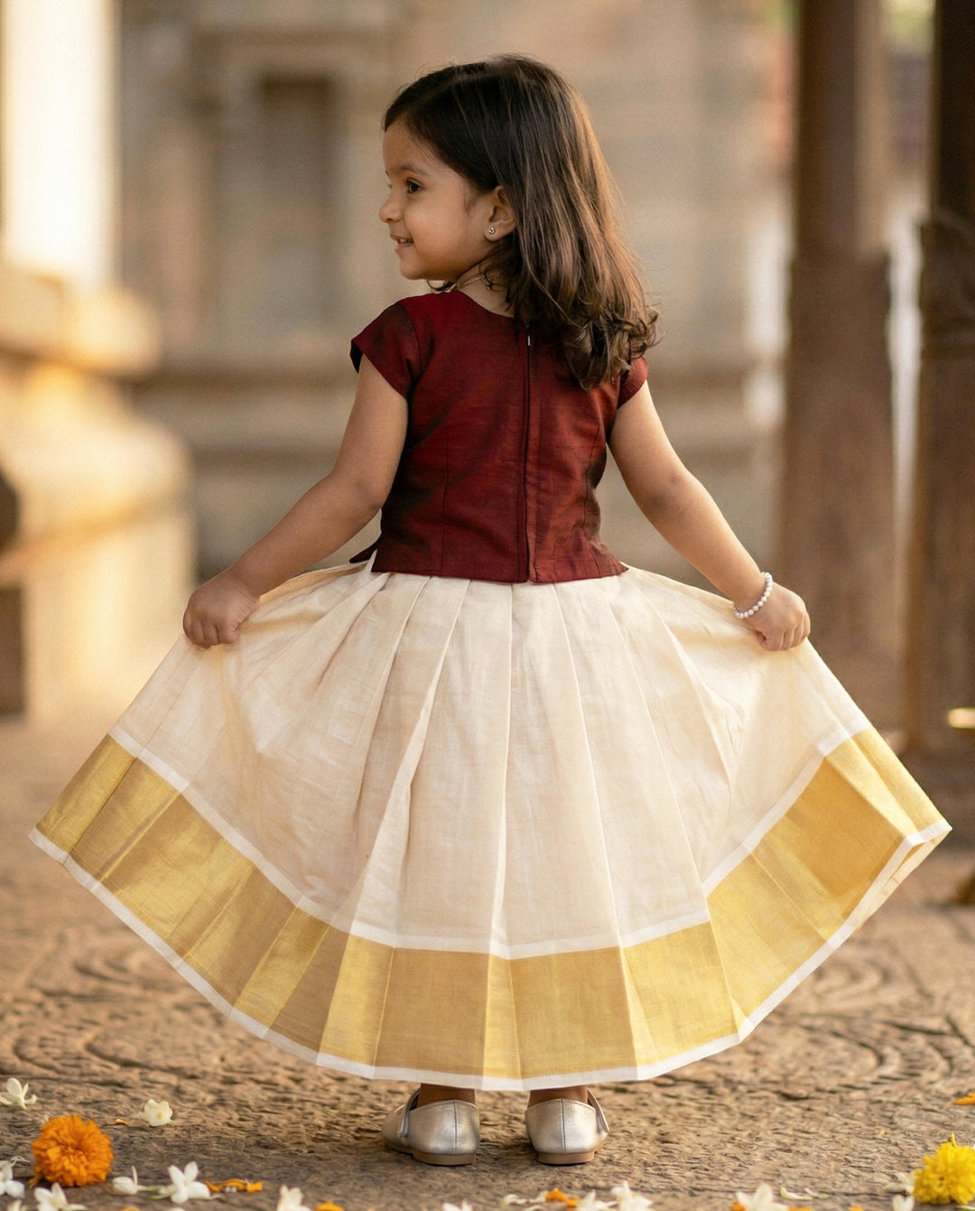 Baby girls birthday dress – golden and maroon Kerala Kasavu silk lehenga with handwork

